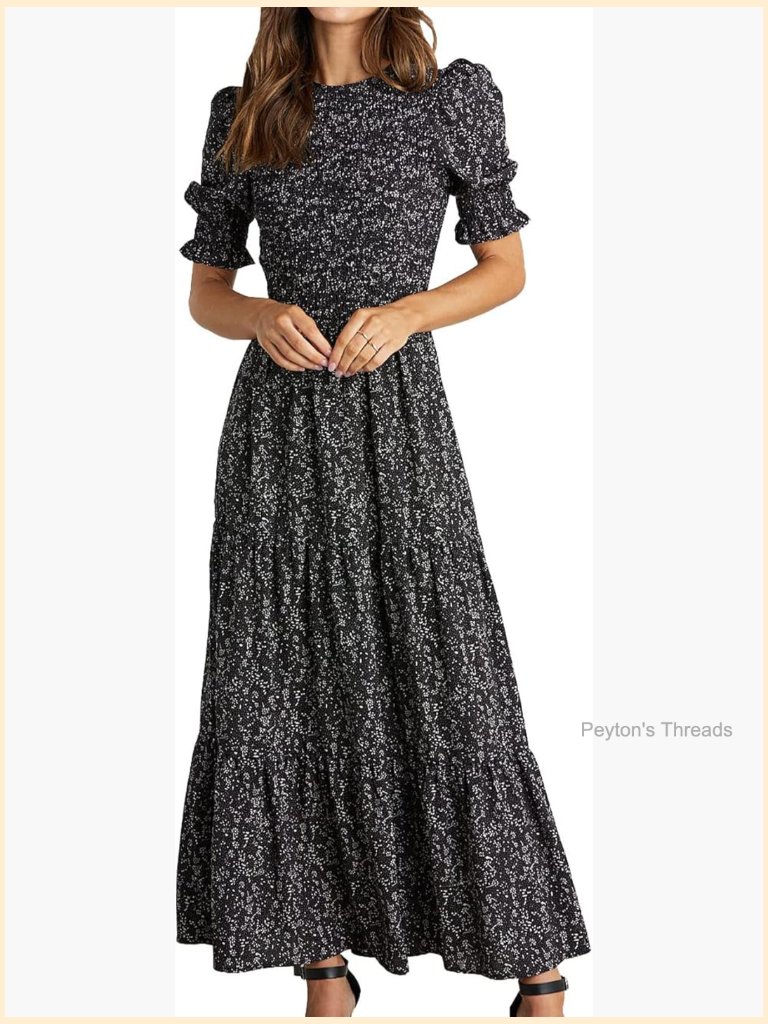 Crew Neck Ruffle Smocked Flowy Boho Tiered Maxi Dress